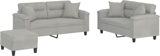 vidaXL 3-delige Loungeset met kussens microvezelstof lichtgrijs