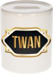 Shoppartners Bv Tirelire prénom Twan - blanc - avec emblème or/noir - 8 x 9 cm - céramique - avec bouchon - cadeau anniversaire