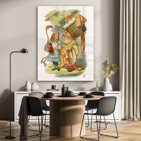 MuchoWow® Glass Painting 90x120 cm - Acrylic Glass Painting - Vintage Illustration Alice and the Flamingo - Photo on Glass - Paintings