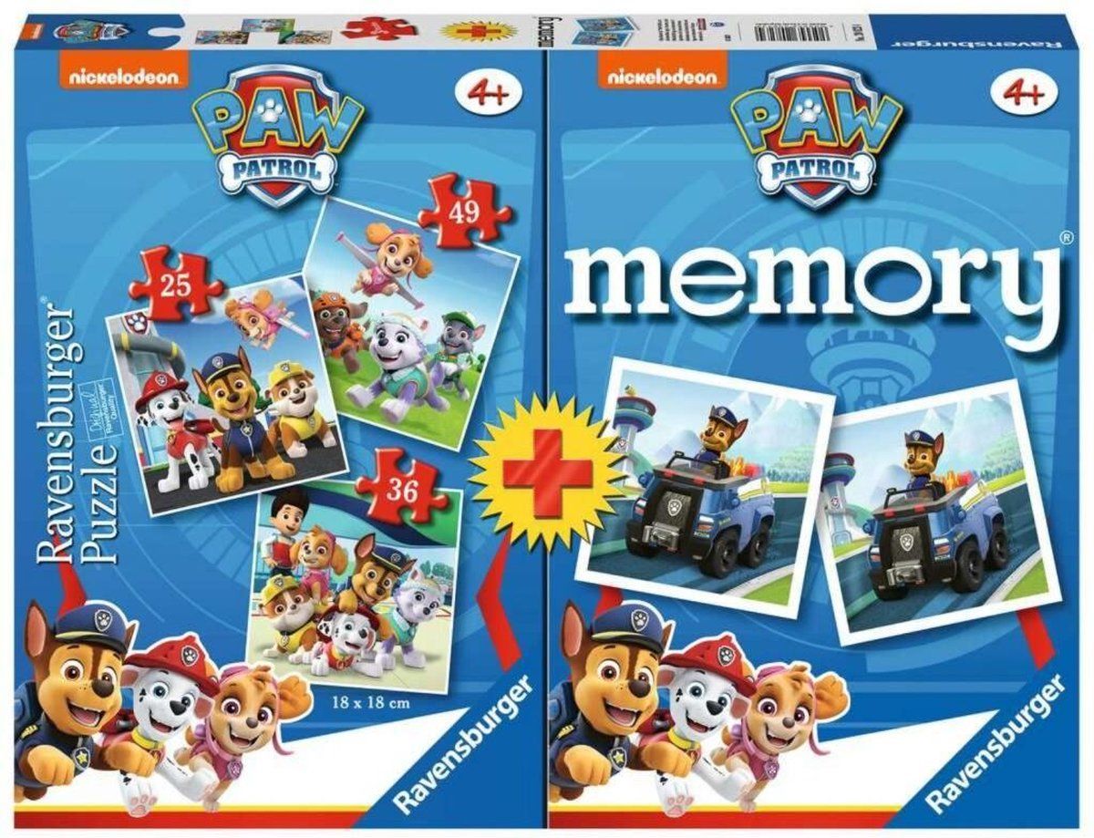 PAW Patrol Ravensburger Memory met 48 Kaarten en Puzzel 25-36-49 Stukjes