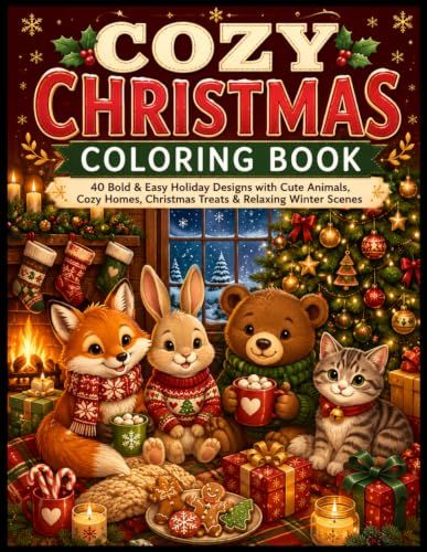 Cozy Christmas Coloring Book for Adults and Teens: 40 Bold and Easy Holiday Designs with Cute Animals, Warm Cabins, Hot Cocoa, and Relaxing Winter Scenes