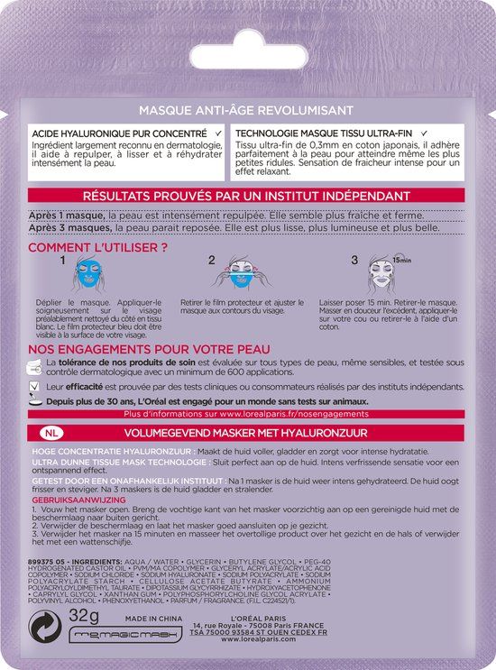 L'Oréal Paris Revitalift Filler Hyaluronzuur Tissue Masker - 1 stuk
