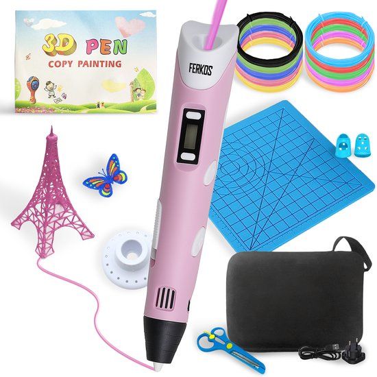 Ferkos - 3D Pen Starterspakket XXL - 50m Filament Vullingen - 10 Kleuren - Opbergcase - Tekenmat - Tekenboek - Vingerbeschermers - Knutselen Jongens & Meisjes - 3D Pennen - Roze