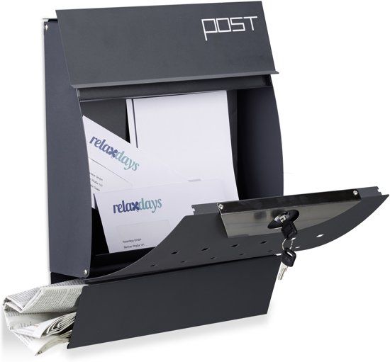 Relaxdays design brievenbus met krantenvak antraciet muur A4 modern postbus