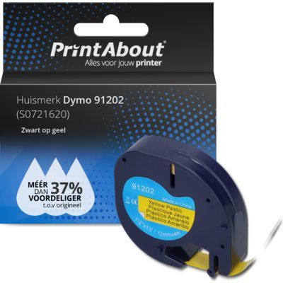 PrintAbout Tape 91202 - Zwart op geel (12 mm) - Geschikt voor Dymo