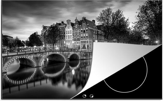KitchenYeah® Inductie beschermer 77x51 cm - De Keizersgracht in de nacht - zwart wit