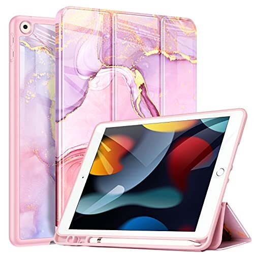 ZtotopCase s hoesje voor ipad 9e/8e/7e generatie met potloodhouder, marmeren patroon drievoudige hoes met automatische wake/slaap voor iPad 10,2 inch 2021/2020/2019, roze