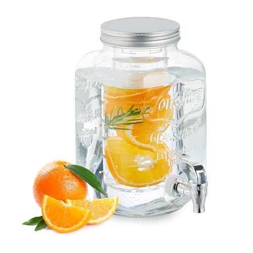 Relaxdays drankdispenser met infuser, tapkraan & deksel, 4 liter, glazen limonadetap met kraan, sapkan, doorzichtig