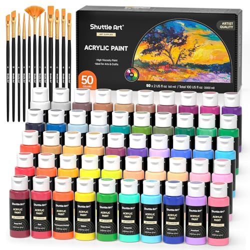 Shuttle Art Acrylverfset, 50 Kleuren Acrylverf, 50 × 60 ml, Premium Waterbestendig Verf voor Kunstenaars, Beginners & Kinderen, met 10 Borstels, Schilder Verf voor Canvas, Steen, Hout, Keramiek & Stof