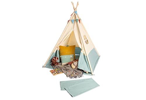 Pinolino Tipi-Yuma Tent van stof en hout, met raam, vloermat en opbergzak, voor kinderen vanaf 3 jaar, stof met pasteltinten en vlaggetjes