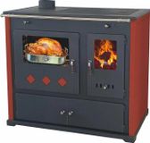 Prometey EEK A+ kachel met bakvak en kookplaat, praktijk, lux, rood, links, houtkachel, 9,5 kW, open haard, permanente kachel, werkplaatskachel, Zweedse kachel, verwarmingsoven