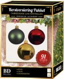 Bellatio Decorations Kaemingk B.V. Kerstbal en piek set 91x licht goud-donkergroen-rood voor 150 cm boom