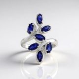 Cavill - 925 Sterling Zilver Ring - Platina Geplateerd - 7x Blauwe Saffier Marquise 2,205 Ct - Exclusieve Bezel Zetting - Elegante Damesring Blauw