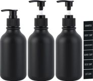 Unyqoos® set de 3 distributeurs de savon mats, 300 ml – bouteilles rechargeables en PET noires avec pompe et étiquettes résistantes à l'eau, pour shampooing, lotion et liquide vaisselle (cuisine et salle de bain)