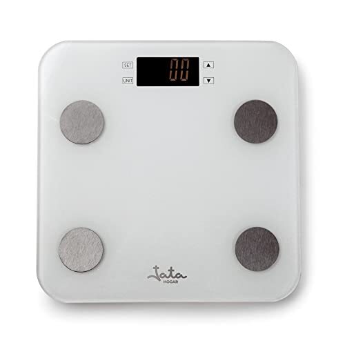 Jata Hogar HBAS1501 Digitale badkamerweegschaal met 4 sensoren, analyseert spiermassa, vet, water en body massa-index, 13 geheugens, lcd-display, touchscreen