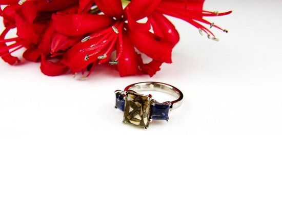 Ring witgoud 18K met rookkwarts en ioliet - 17.75 mm / maat 56