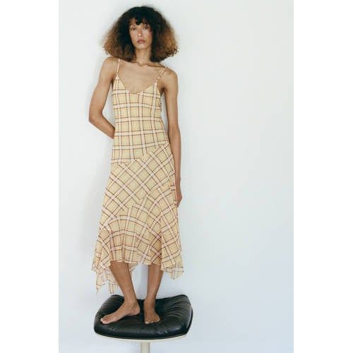 Mango Mango viscose geruite midi jurk - lichtgeel
