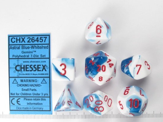 Chessex dobbelstenen set 7 polydice Gemini Astral Blue-white w/red