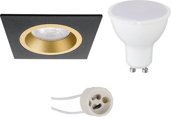 LED Spot Set - Pragmi Rodos Pro - GU10 Fitting - Dimbaar - Inbouw Vierkant - Mat Zwart/Goud - 6W - Helder/Koud Wit 6400K - 93mm