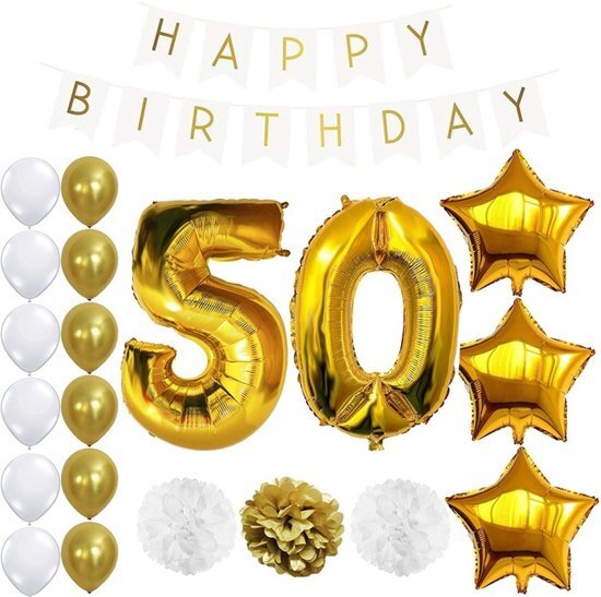 Luxore 50 jaar decoratieset deluxe abraham & sarah man & vrouw feest decoratie / versiering folie & latex ballonnen pompons Happy birthday banner feestpakket feestversiering vijftig jaar