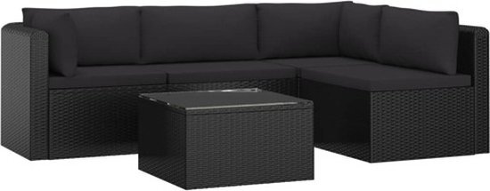 vidaXL 5-delige Loungeset met kussens poly rattan zwart