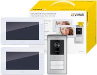 Vimar K42931 twee-familie-kit, video-deurintercom met capacitief toetsenbord, RFID-nummerplaat met 2 toetsen, 2 voedingen 40103, 4-weg busverdeler, bevestigingsklemmen
