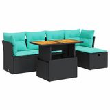 vidaXL - 6-delige Loungeset met Kussens - Poly Rattan - Acacia - Zwart