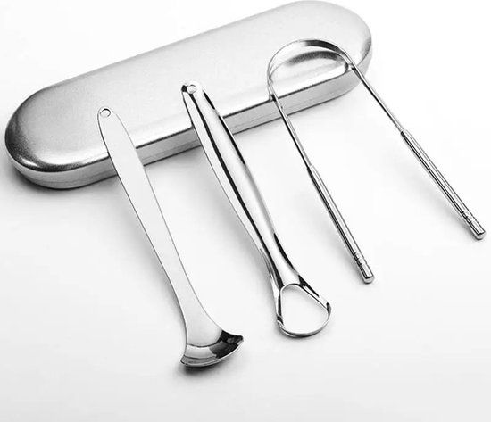 Techvavo® Professionele Tongschraper 3-in-1 Set - Tongreiniger - Zilvergrijs