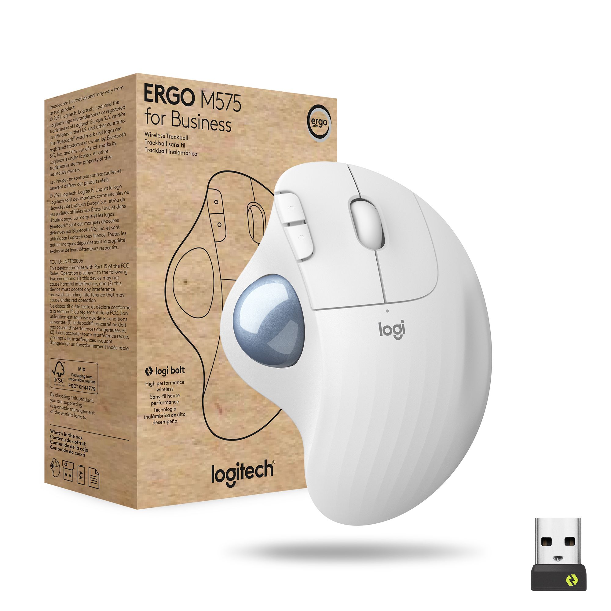 Logitech ERGO M575 for Business Trackball Mouse - White - 2000 DPI - Wireless