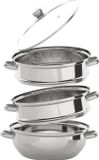 Casserole vapeur inox - Casserole vapeur 3 couches - Ø25 cm, hauteur 32,5 cm - Avec couvercle et poignées - Gris clair