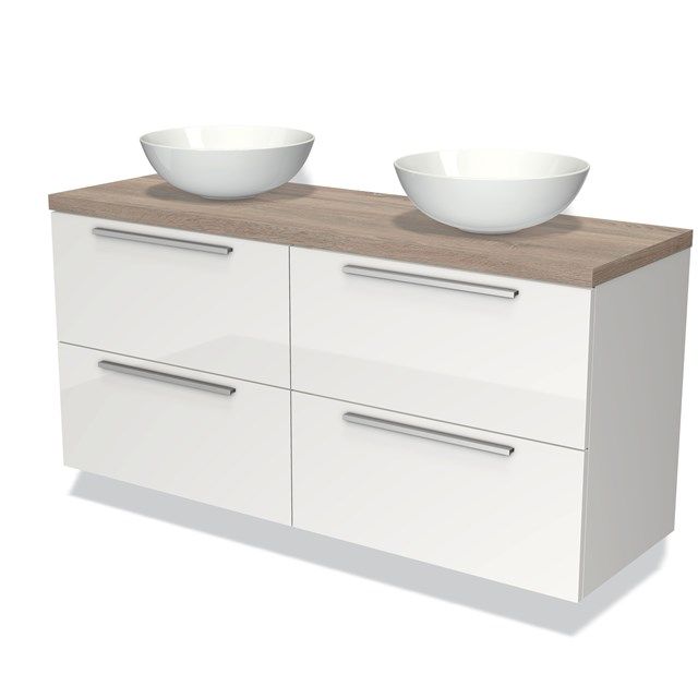 Maxaro Badkamermeubel Modulo Plato 140cm - Hoogglans Wit - 4 Lades - Vlak Eiken Blad