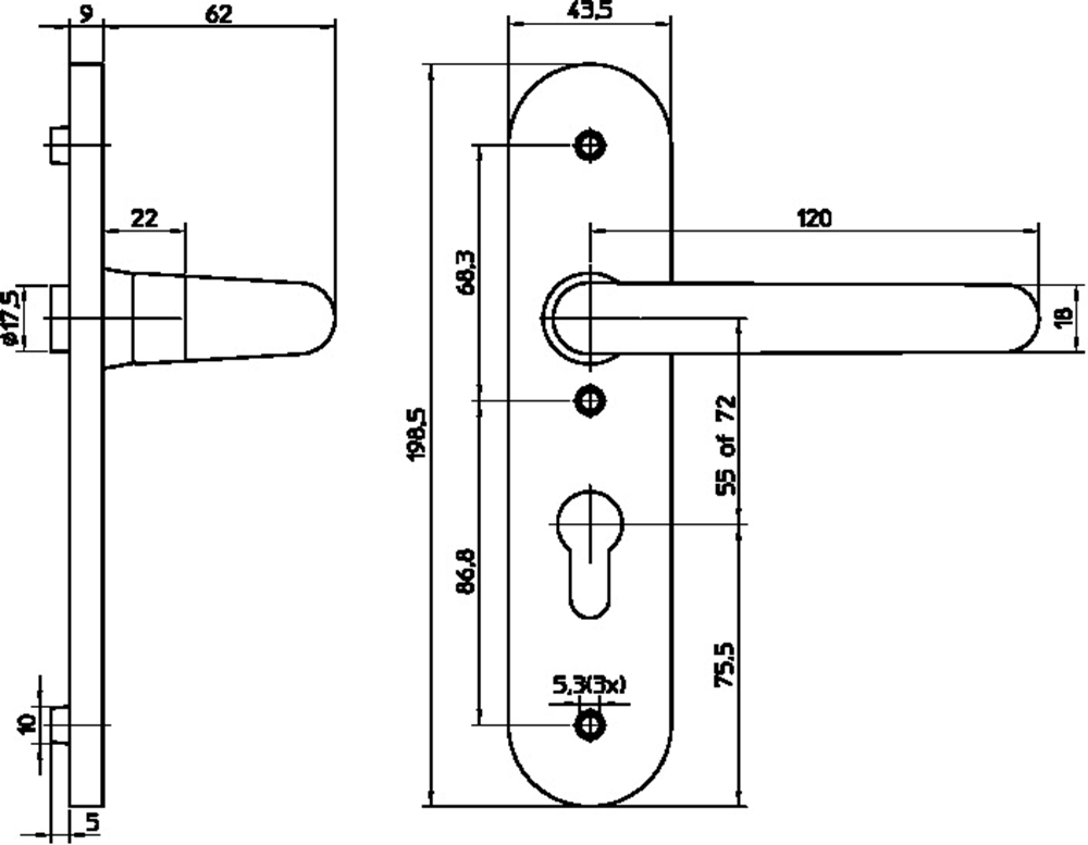 Nemef Knopkrukgarnituur F1 3253 FP/L PC 72Mm Geh. Bl Staal Kortschild Cilinder Binnendeur