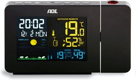 ADE Weerstation WS1911 met projectie en draadloze buitensensor, digitaal display, zwart