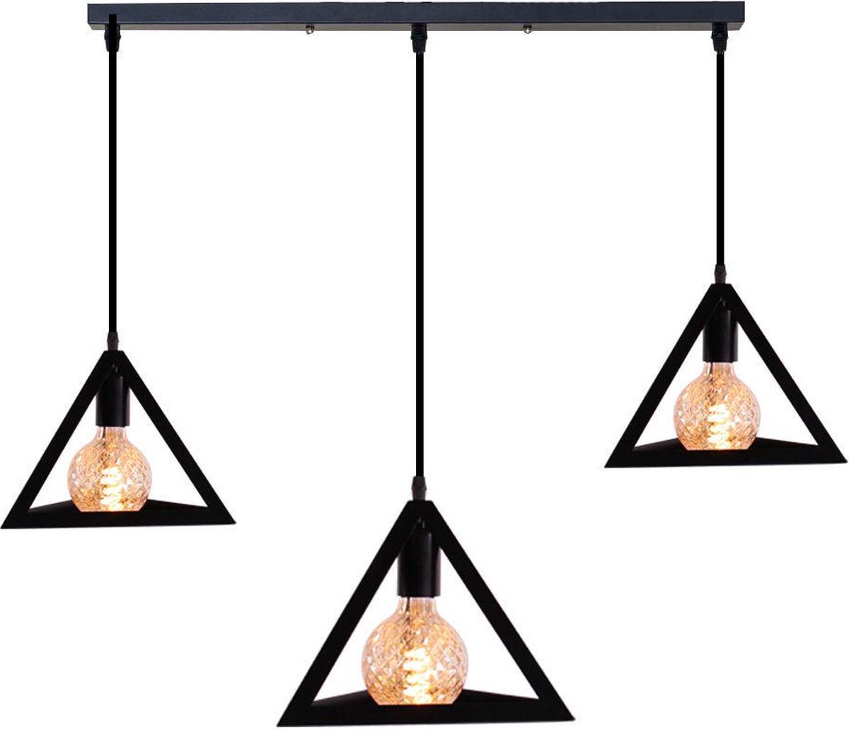 Homestyle Pro Zwarte hanglamp met 3 lichtpunten - Pyramide - kamerlamp - Plafondlamp - Keukenlamp - Bevestigingsstang 50 cm - Zwart - Metaal - Industrieel - in lengte verstelbaar - E27 - 240V - zonder lichtbron