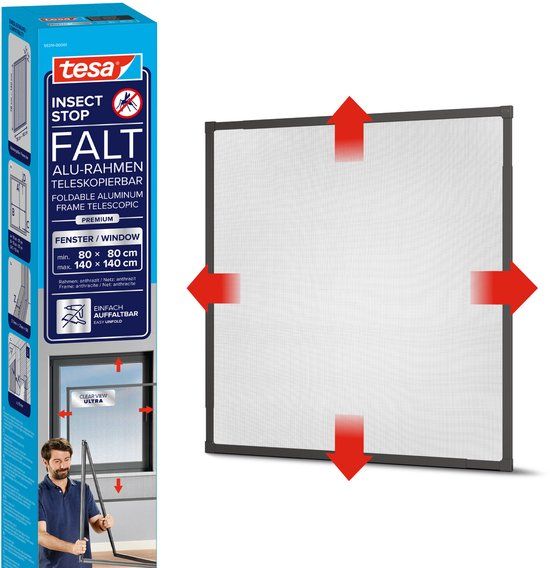 tesa INSECT STOP FALT Aluminum Frame for Windows - opvouwbaar verstelbaar frame, hor, antraciet - 80 x 80 cm tot 140 x 140 cm