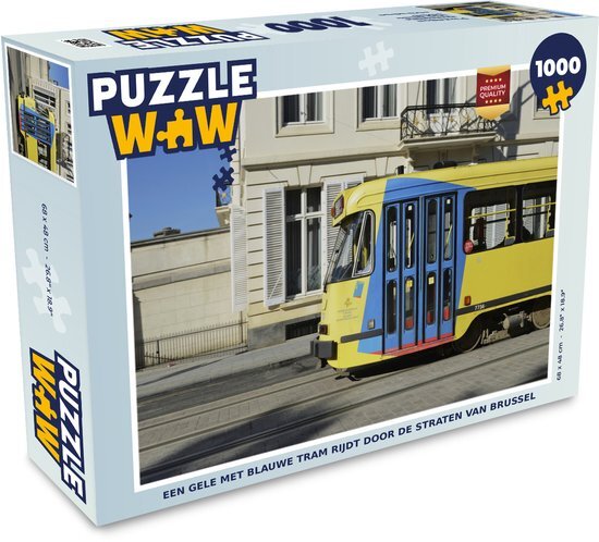 MuchoWow Puzzel Een gele met blauwe tram rijdt door de straten van Brussel - Legpuzzel - Puzzel 1000 stukjes volwassenen