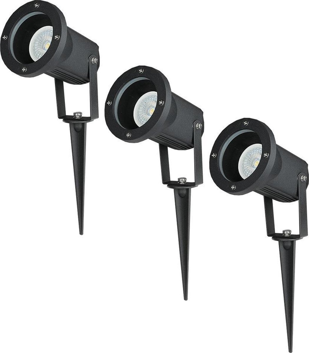 HOFTRONIC 3x V-TAC - Tuinspot voor buiten - LED - Zwart - 4000K Neutraal wit - 5 Watt - 400 Lumen - 230V - Verwisselbare GU10 lamp - Prikspot met grondspies - Richtbaar - Aluminium - Voor het uitlichten van planten/struiken en bomen