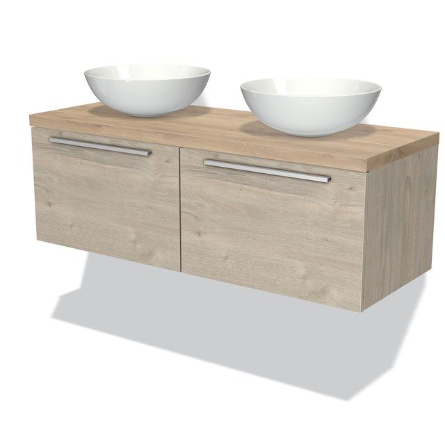 Maxaro Badkamermeubel Modulo Plato 120cm Lichtgrijs Eiken 2 Lades Lichtbruin Eiken Blad