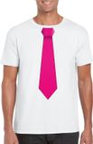 Bellatio Decorations Shoppartners Bv Wit t-shirt met roze stropdas heren XL