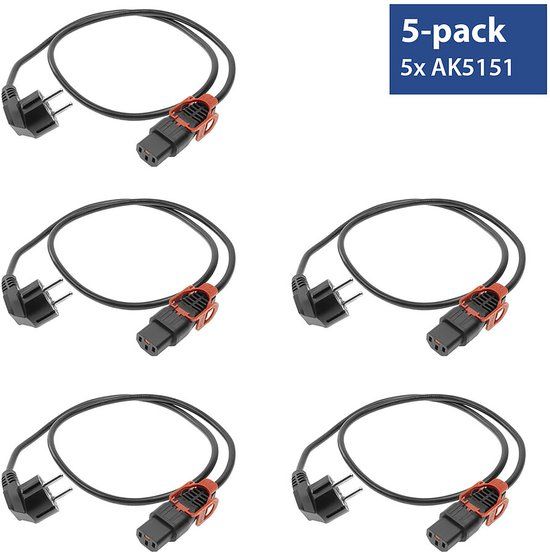 ACT Netsnoer CEE 7/7 male (haaks) - C13 IEC Lock+ zwart 2 m, EL332S, 5-Pack AK5326