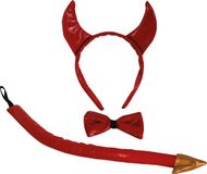 Funny Fashion Duivels verkleed setje - hoorntjes diadeem en staart/strik - rood - verkleed accessoires - Halloween