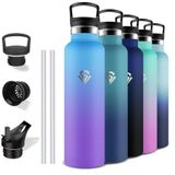 Grsta Thermosfles, 1 liter, BPA-vrij, sportfles met rietje, lekvrij, roestvrijstalen waterfles, houdt 12 uur warm / 24 uur koud, voor camping, yoga
