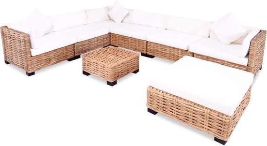 The Living Store Rattan Loungebank Set - 3 hoekbanksegmenten - 3 middenbanksegmenten - 1 hocker - 1 salontafel - bruin rattan - cr&#232;me kussen - 67x67x58 cm