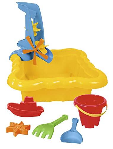 Wader Quality Toys 72011 72011-Happy Summer gele zandbak met molen, emmer, schep, hark, boot en zandvorm, ca. 35,5 x 35,5 x 14 cm groot, vanaf 12 maanden, ideaal als geschenk voor creatief spelen, kleurrijk