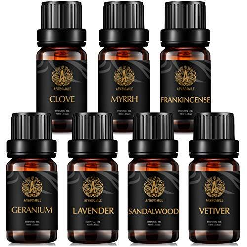 Aphrosmile Aromatherapie vetiver etherische olieset voor diffuser, 7 x 10 ml, 100% zuivere kruidnagels, etherische olie kit voor luchtbevochtigers - wierook, geranium, lavendel, sandelhout, myrh etherische oliënset voor thuis