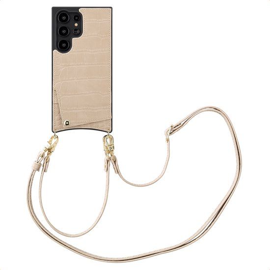 Selencia Hoesje - Geschikt voor Samsung Galaxy S24 Ultra - Croco Backcover met koord en pashouder - Beige