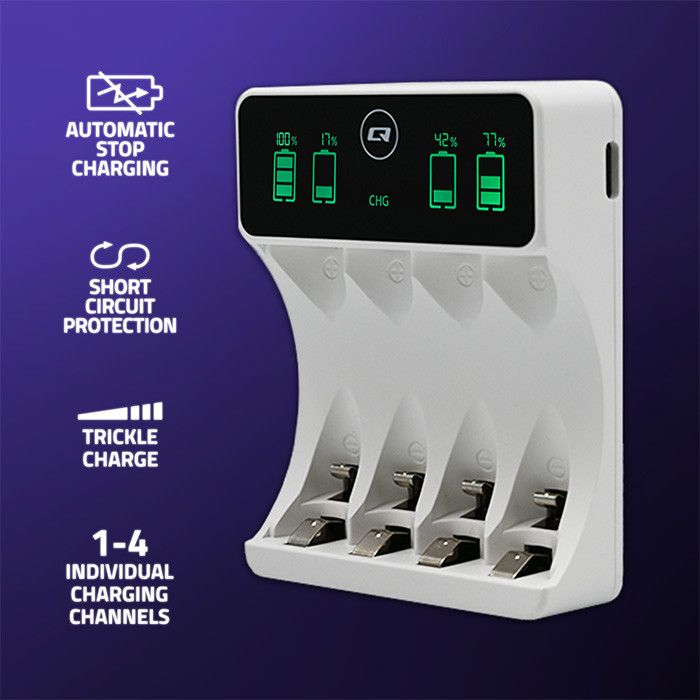 Qoltec Ni-MH Type R03 AAA R6 AA batterijlader | LCD-scherm | USB-C-kabel | Wit