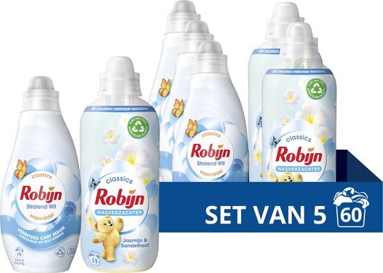 Robijn Perfect Match Wasmiddel en Wasverzachter Pakket - Stralend Wit + Jasmijn &amp; Sandelhout - voor langdurige witbescherming - voordeelverpakking - set van 5 (60 wasbeurten)