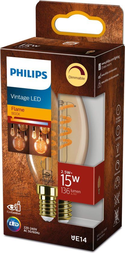 Philips LED Kaars Spiraal Goud - E14 - 1.5W - 1800K - Dimbaar