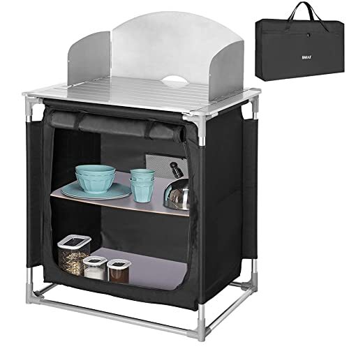 BAKAJI Keuken, kast, campingtafel, picknick, compact, draagbaar, opvouwbaar met aluminium frame met keuken, spatbescherming, draagtas, zwart